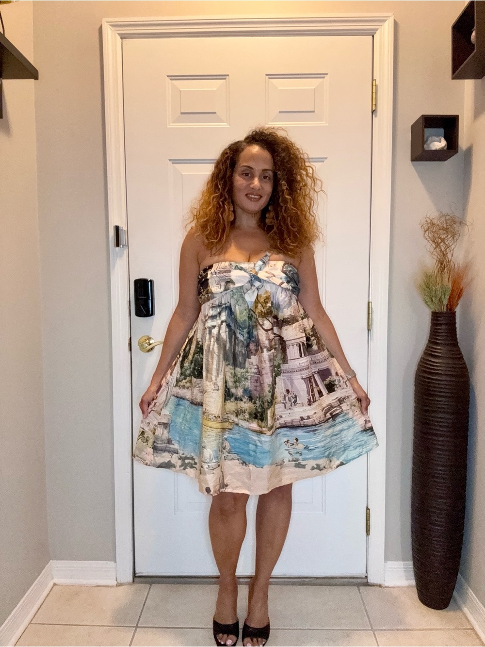 Scenic Print Strapless Summer Dress in Multi